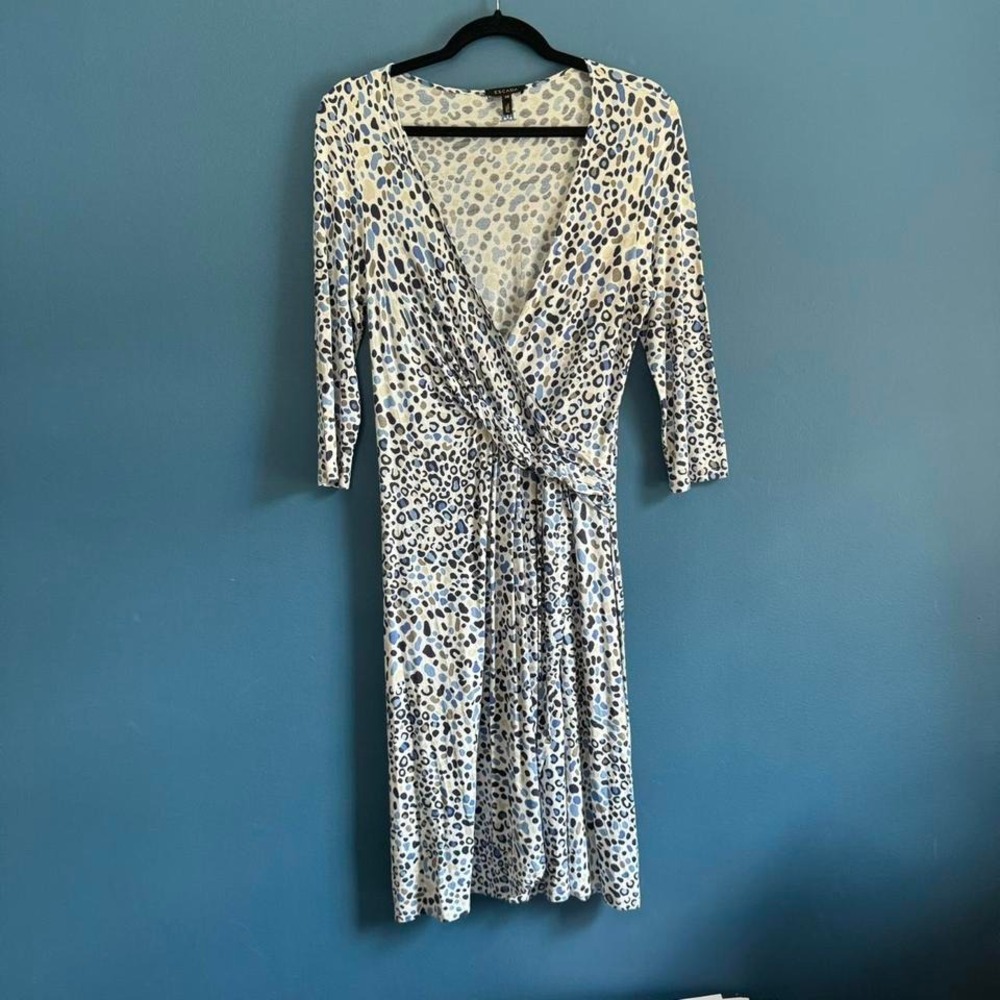 Escada Faux Wrap Dress Women's Size 8 (EU 38) Leopard Print White Blue‎ Mobwife